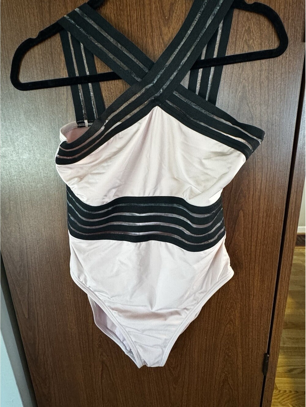 Kenneth Cole One Piece Swimsuit M Pink Black Illusion Mesh Strappy Criss Cross